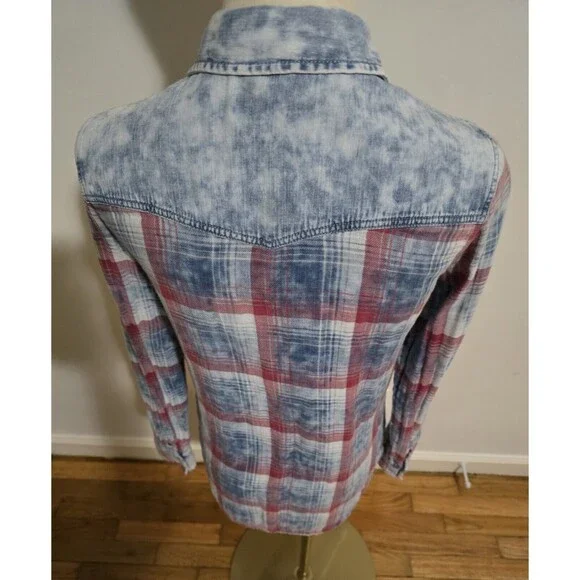 Pull & Bear Women's Small Plaid Western Button Up Flannel Lined Shirt Top Denim - Picture 11 of 16